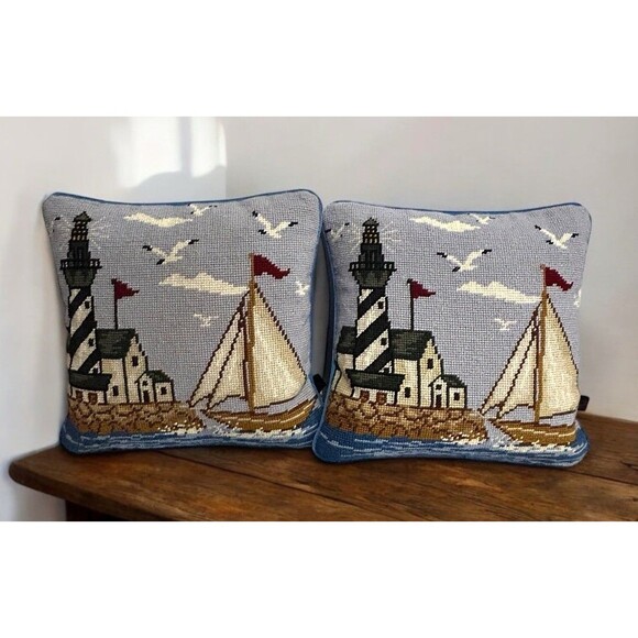 Vtg Pair Borgata Needlepoint Pillows Nautical Sailboat Lighthouse Down Inserts - Picture 1 of 8